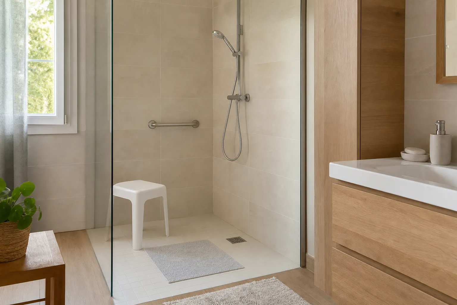 Barre d'appui fixée au mur d'une douche, tabouret bas et tapis antidérapant