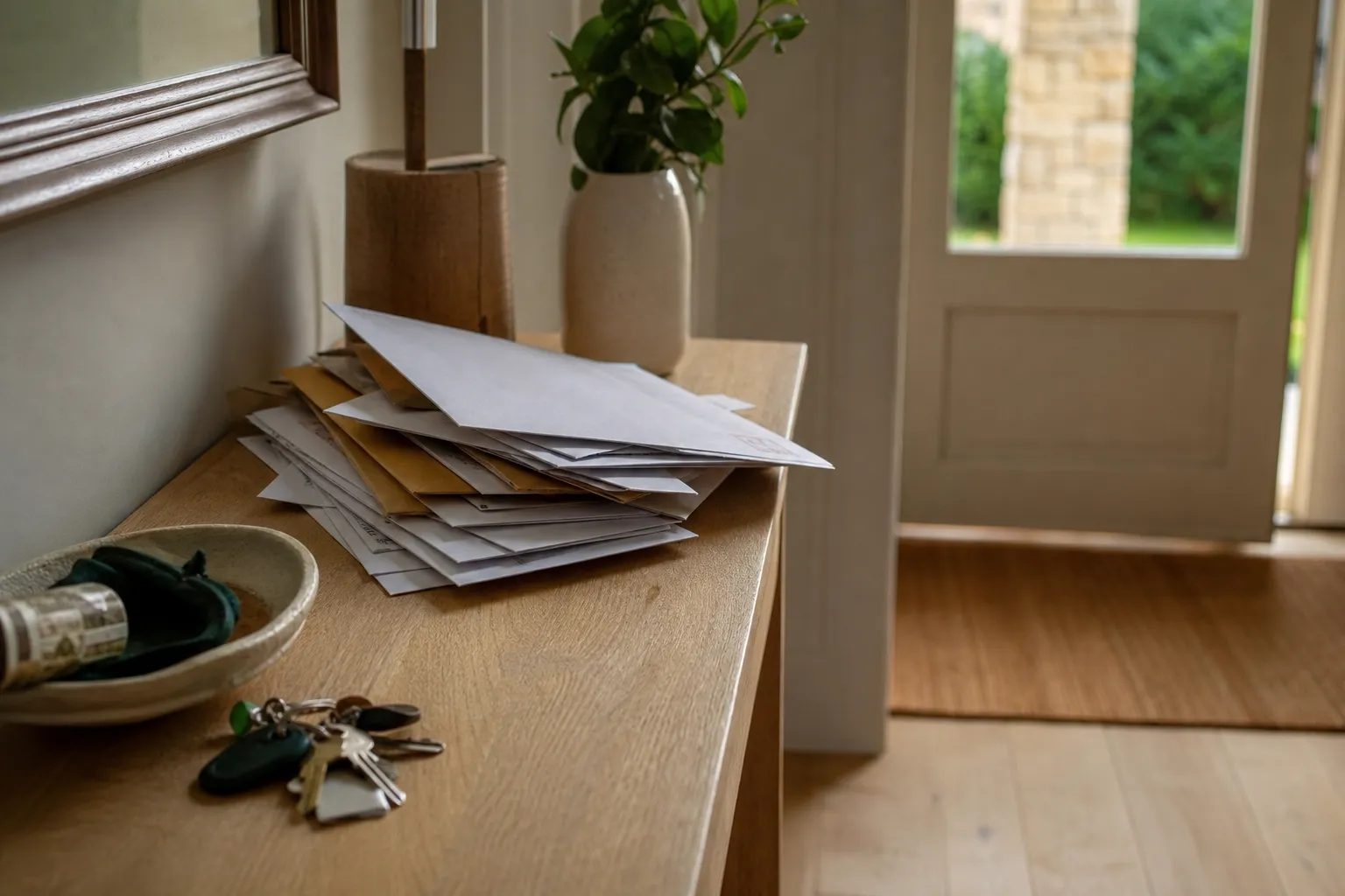 Courrier non ouvert empilé sur une console d'entrée, à côté d'un trousseau de clés