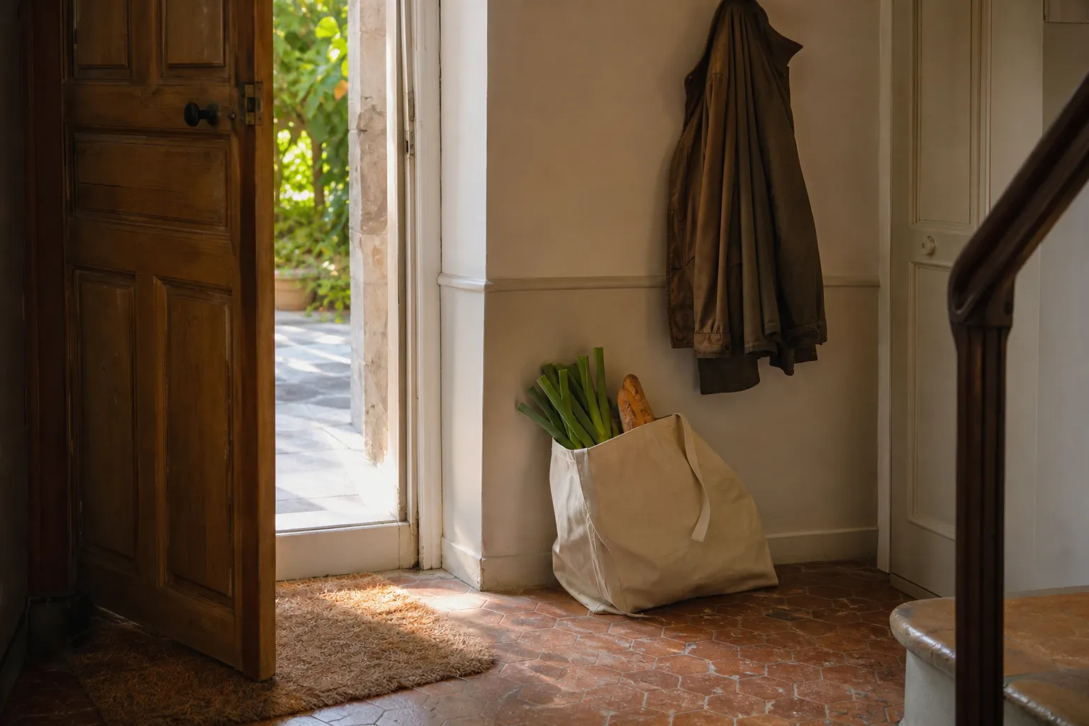 Cabas de courses posé dans l'entrée d'une maison, manteau accroché, carrelage ancien