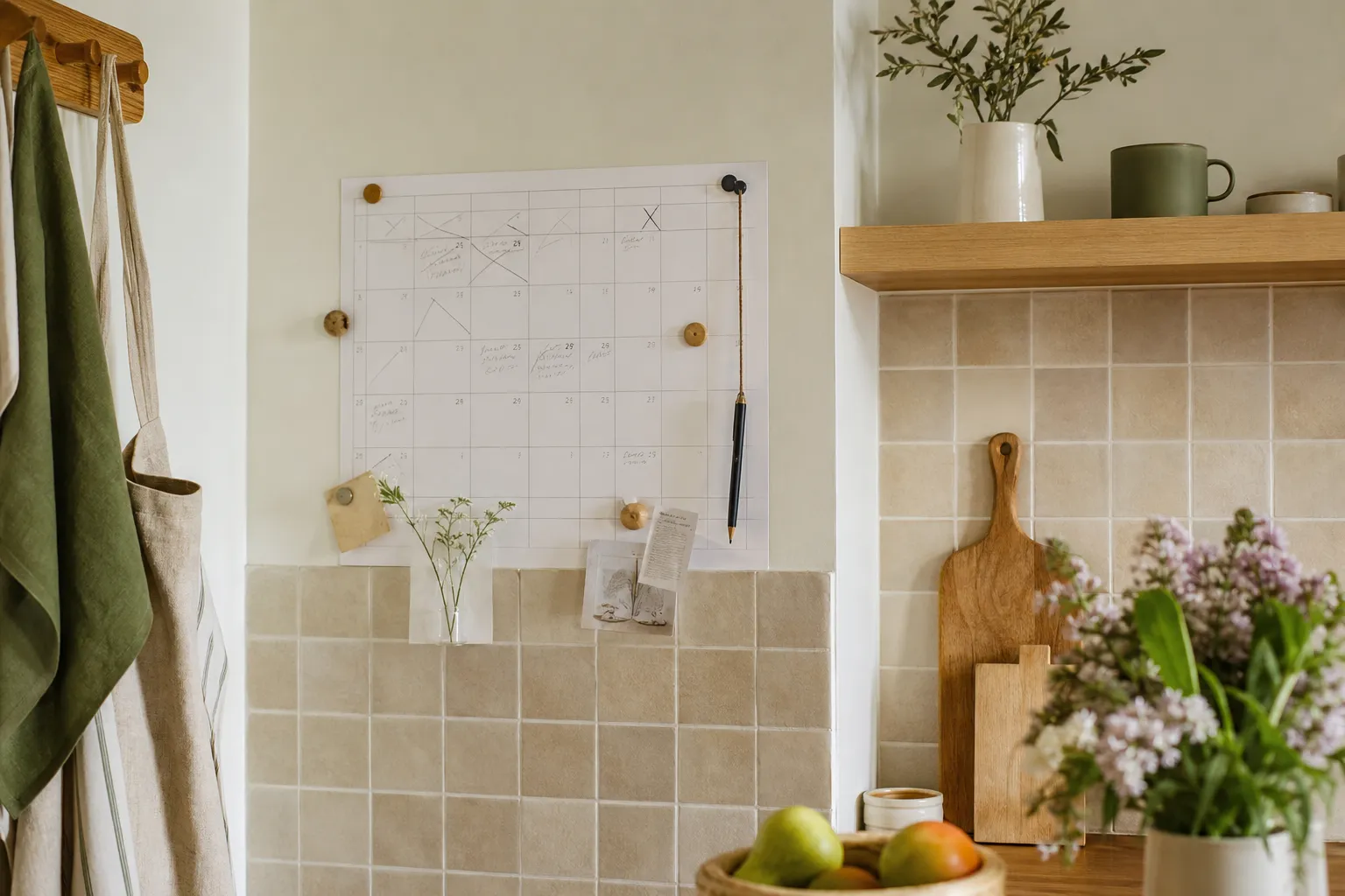 Calendrier mural annoté au crayon dans une cuisine, magnets et stylo posé dessous