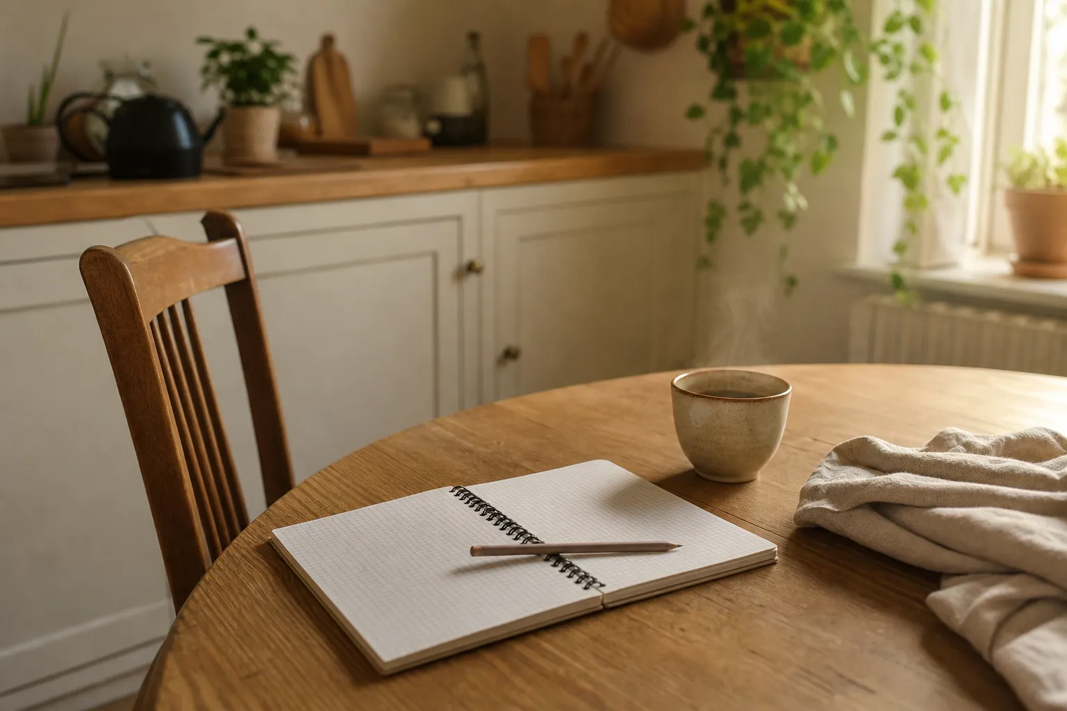 Carnet ouvert et tasse de tilleul sur une table de cuisine, chaise en bois de trois quarts