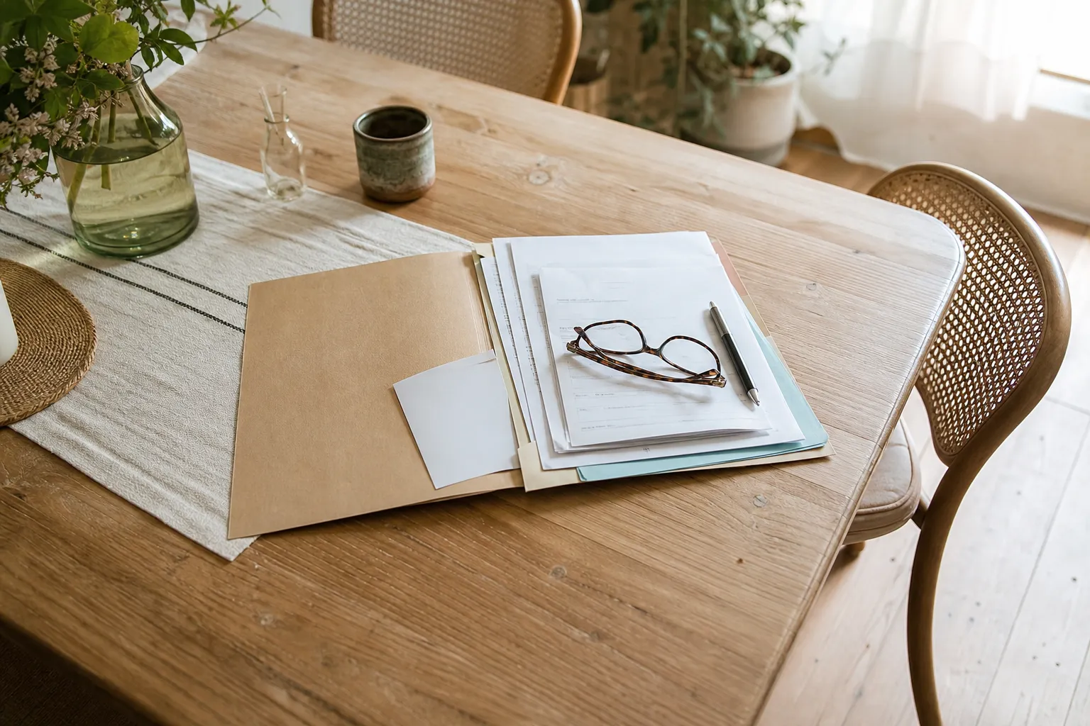 Dossier de papiers administratifs ouvert sur une table, stylo et lunettes posés dessus