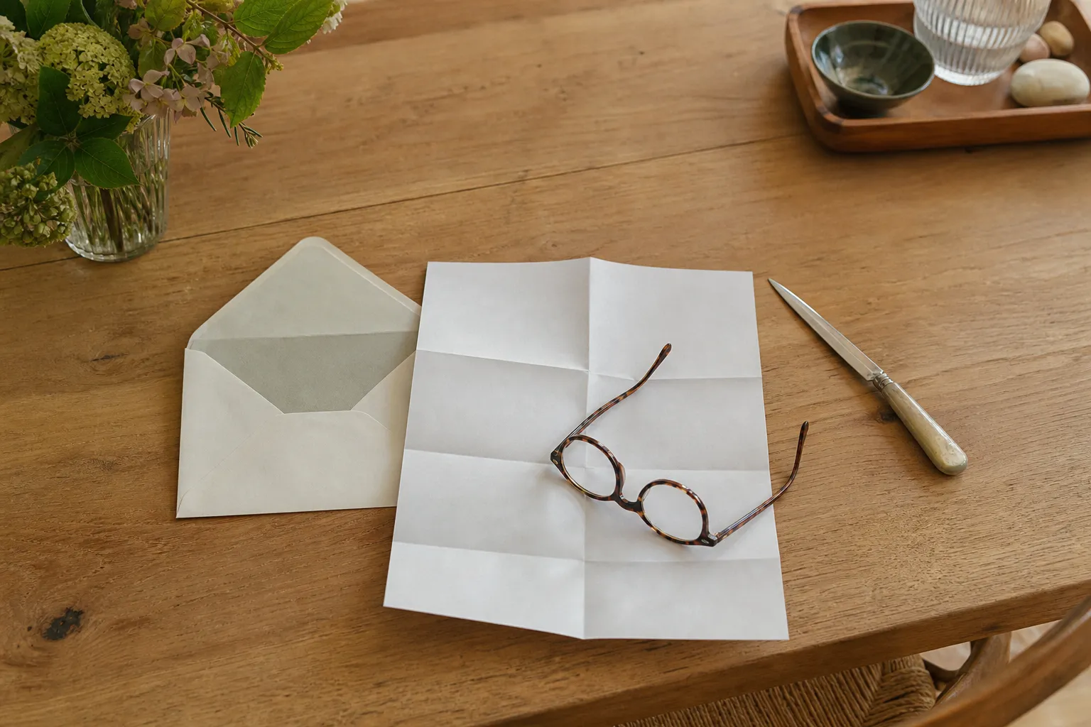 Enveloppe ouverte et feuille dépliée sur une table, lunettes de lecture posées à côté
