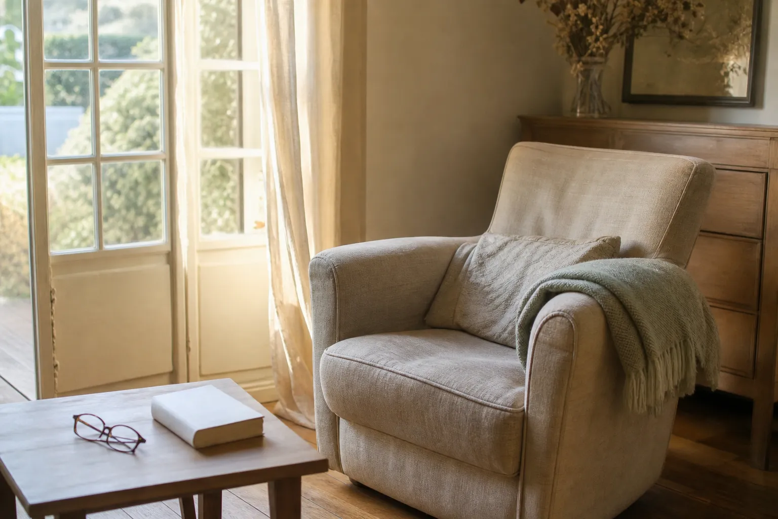 Fauteuil en tissu près d'une fenêtre, plaid replié sur l'accoudoir, lumière douce d'après-midi
