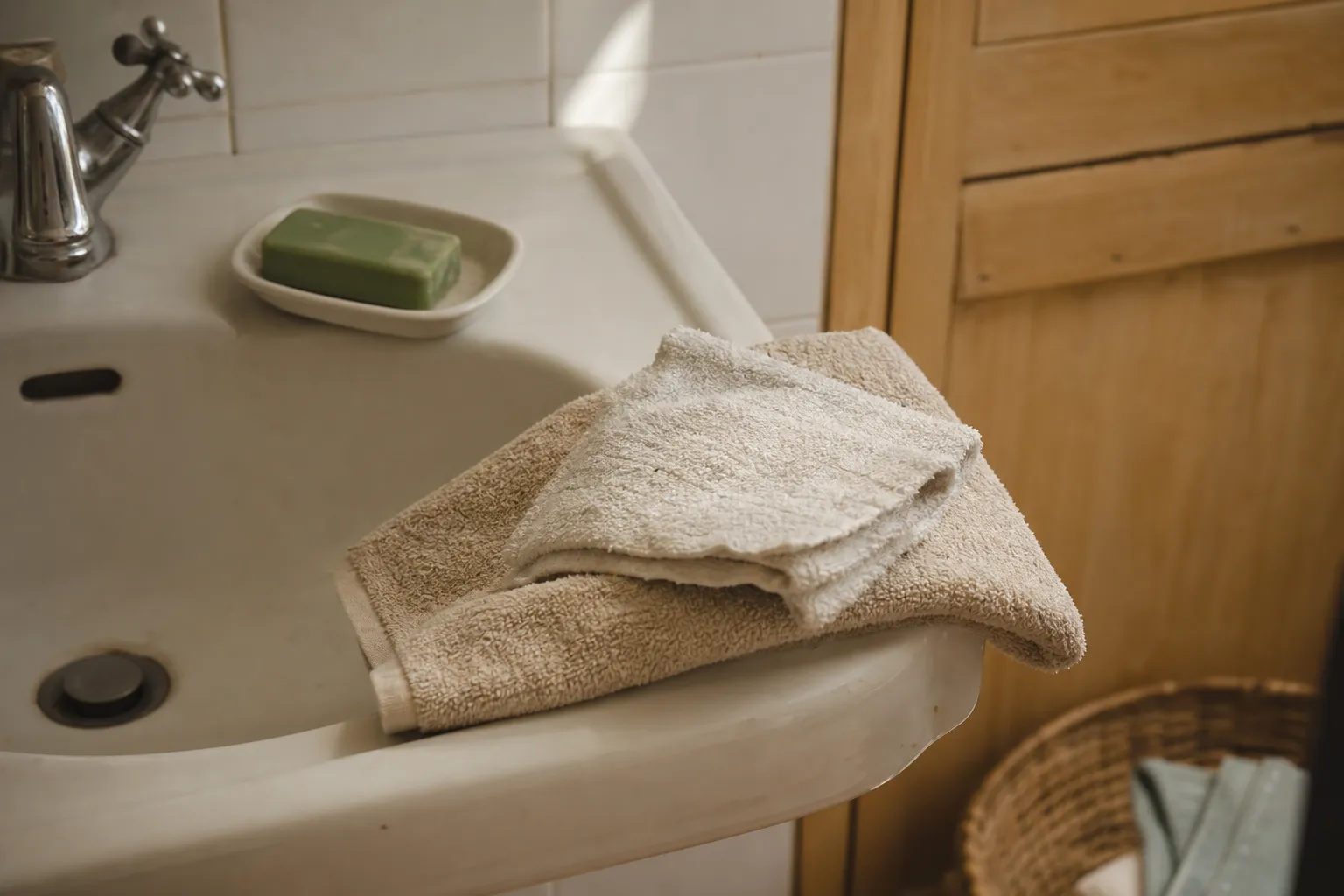 Gant de toilette et serviette pliés au bord d'un lavabo ancien, lumière naturelle
