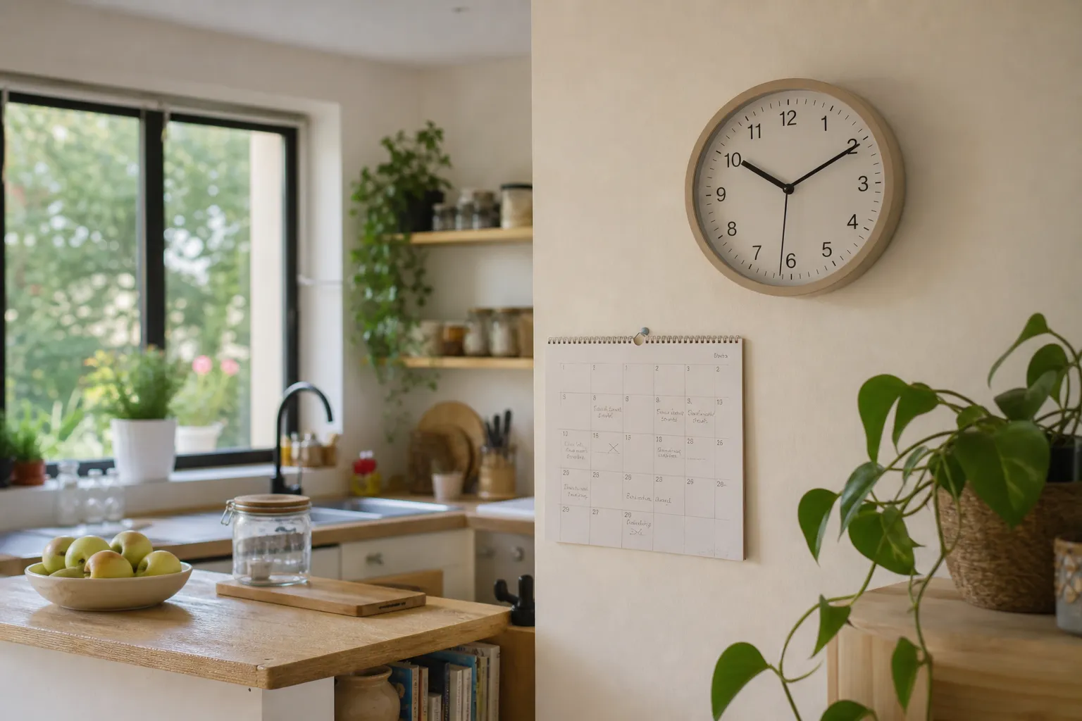 Horloge murale à grands chiffres dans une cuisine, calendrier annoté à côté