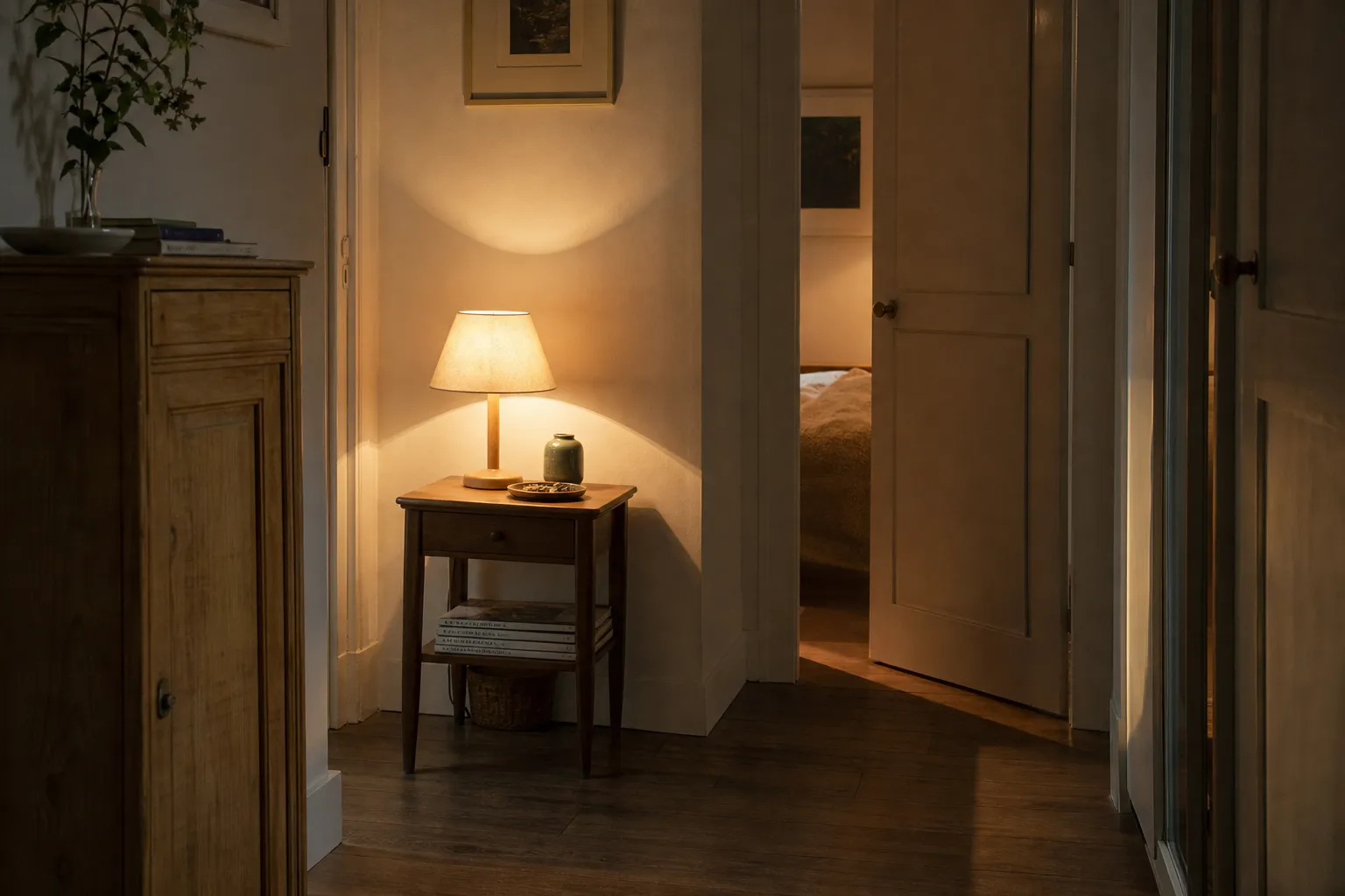 Lampe allumée dans un couloir le soir, porte entrouverte sur une chambre éclairée faiblement