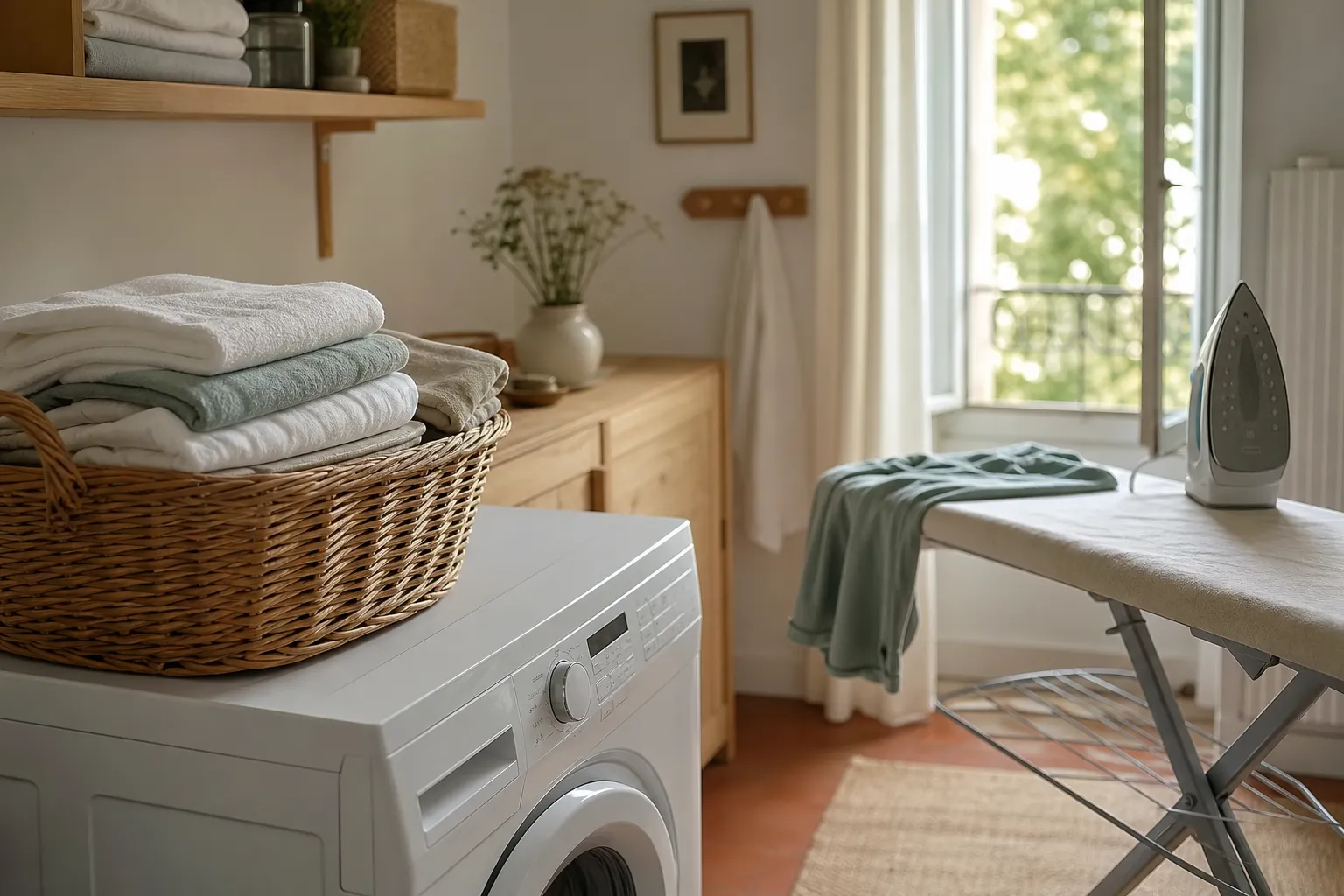 Linge plié dans un panier en osier sur une machine, fenêtre entrouverte