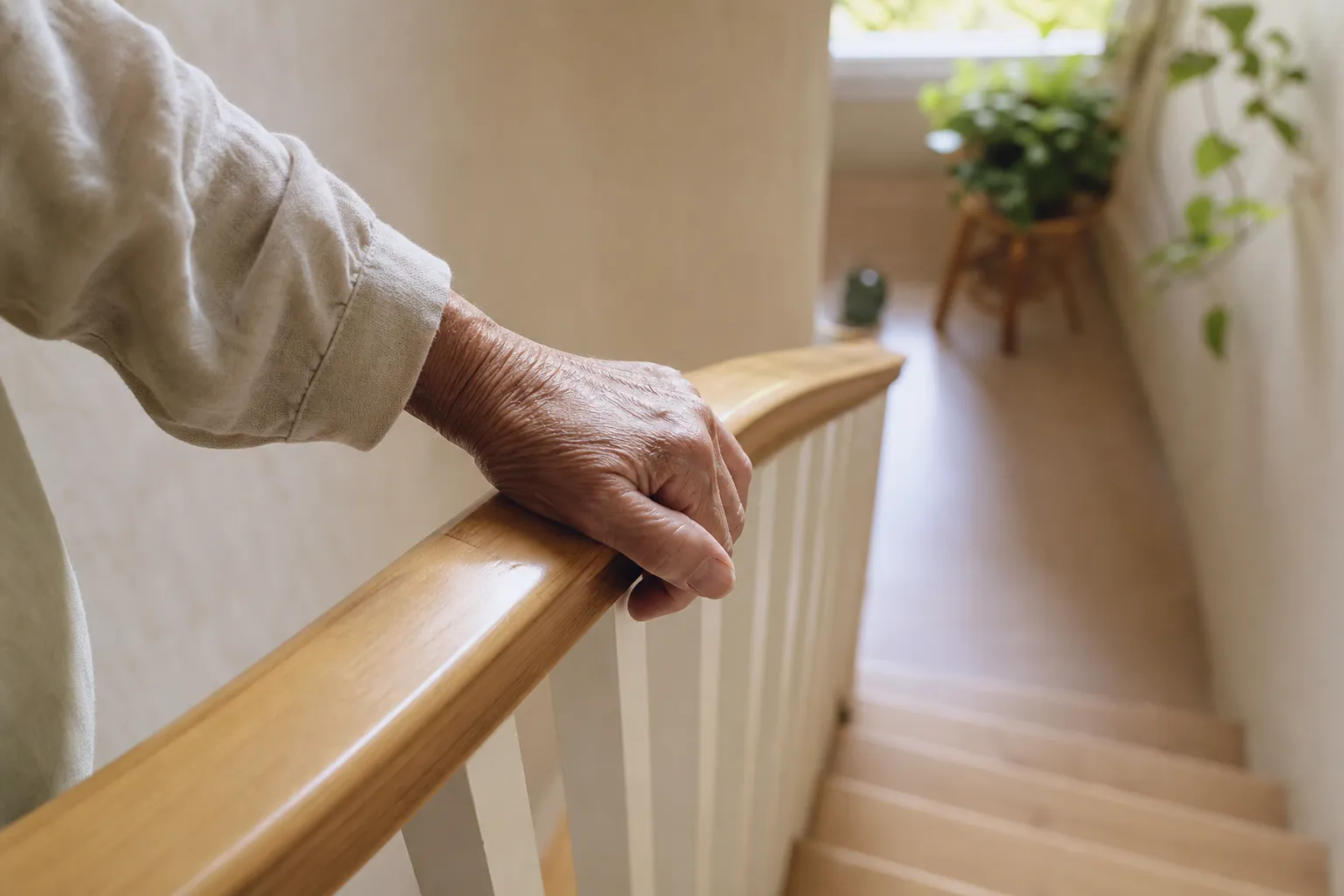 Main posée sur une rampe d'escalier en bois, marches claires, cadrage rapproché