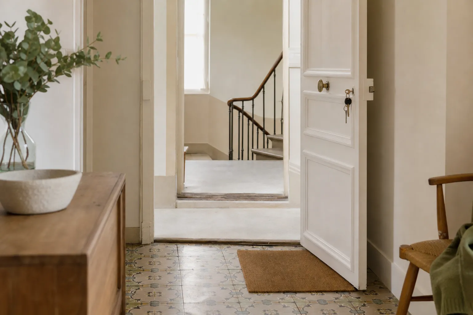 Porte d'entrée ouverte sur un palier clair, paillasson et trousseau de clés dans la serrure