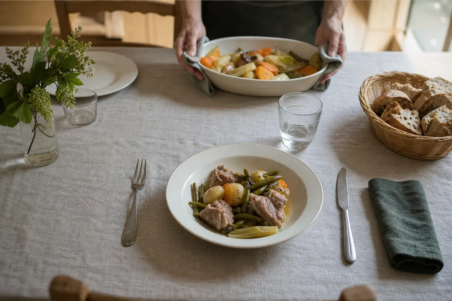 Assiette servie posée sur une nappe de lin, couverts et verre d'eau, mains qui approchent le plat