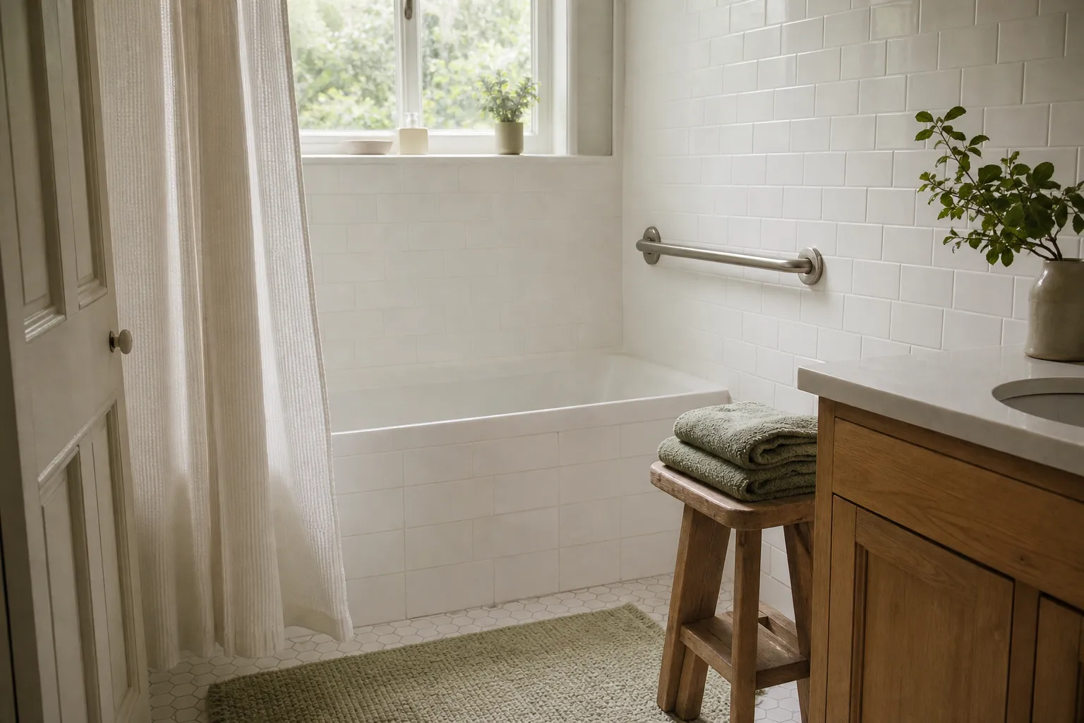 Serviette pliée et tabouret bas dans une salle de bain claire, barre d'appui fixée au mur