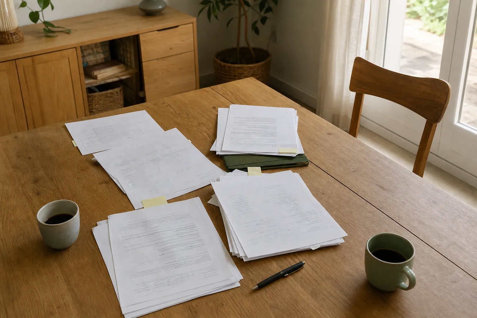 Feuilles annotées étalées sur une grande table de salle à manger, deux tasses en bord de cadre