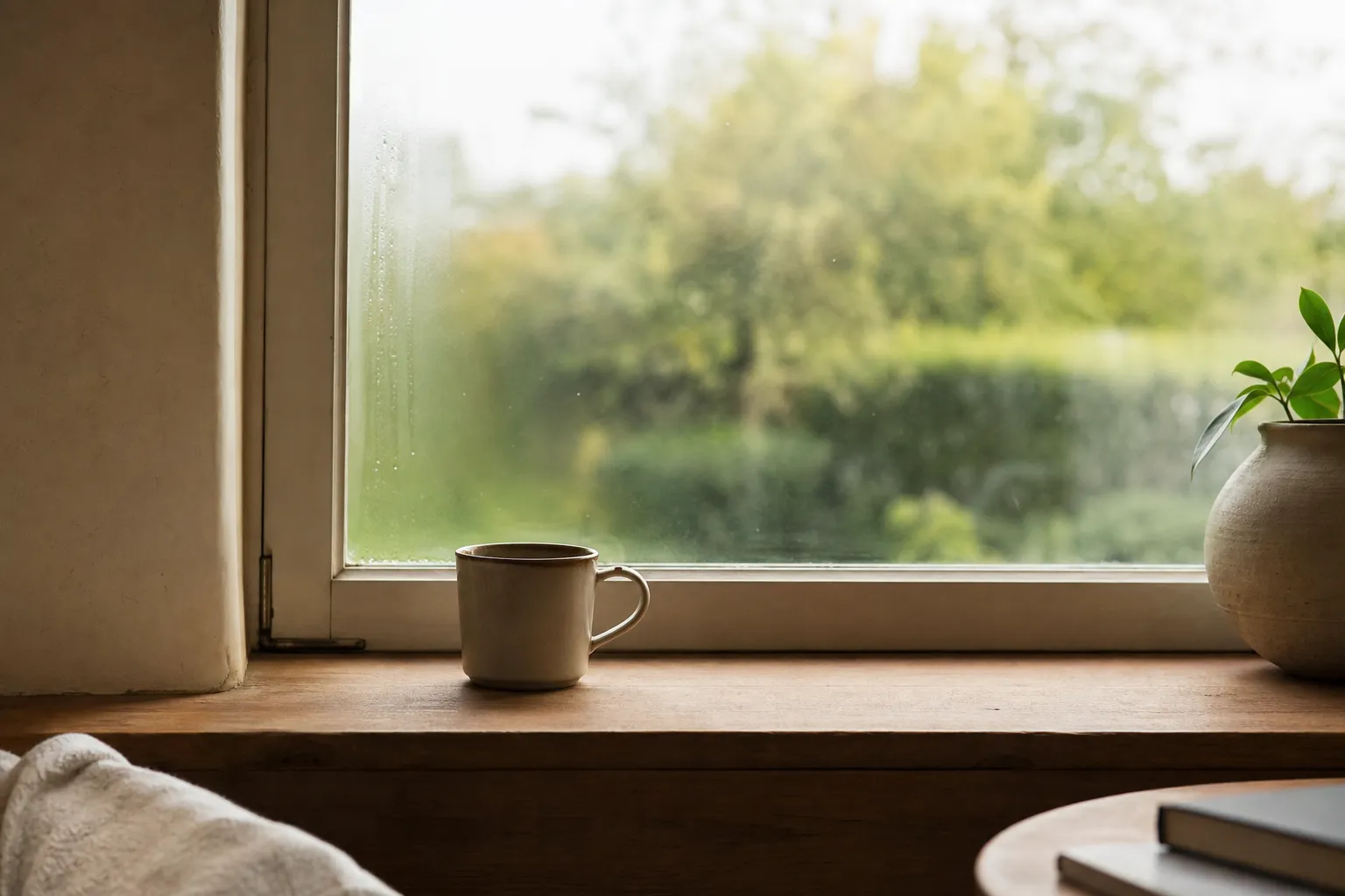 Tasse posée sur un rebord de fenêtre, vue sur un jardin, moment de pause